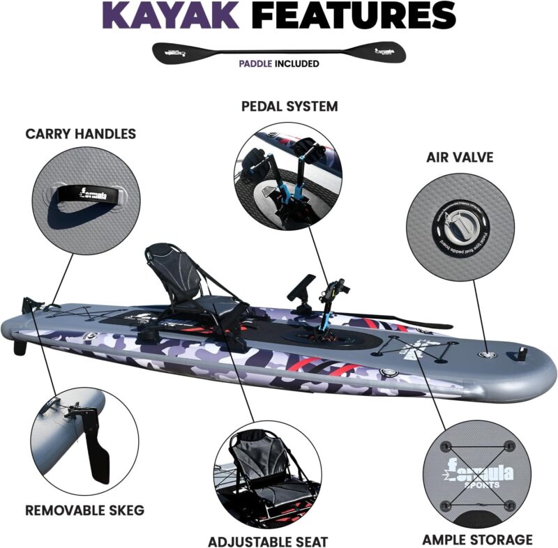 Formula Sports 1-Person Inflatable Pedal Drive Fishing Kayak – Folding PVC Kayak with Movable Seat, Pump, Paddle & Carry Bag, 410 lb Capacity - Image 2
