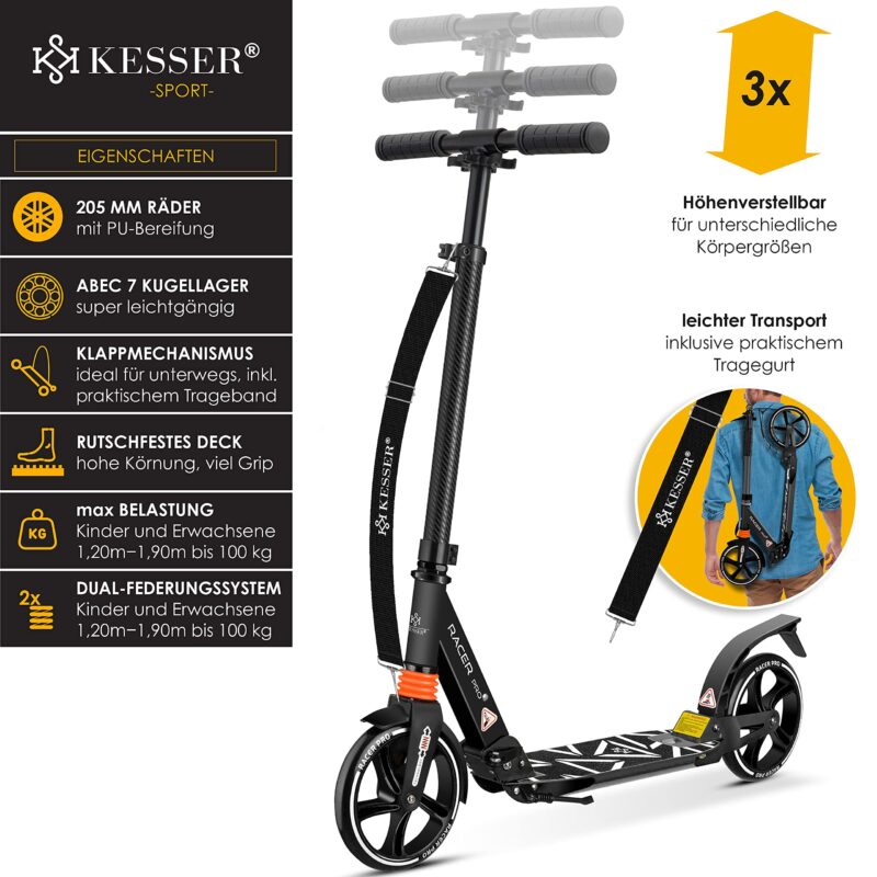 KESSER Pro-S Foldable Kick Scooter – 205 mm Wheels, Lightweight Aluminum, Adjustable Handlebar, 100 kg Max - Image 3