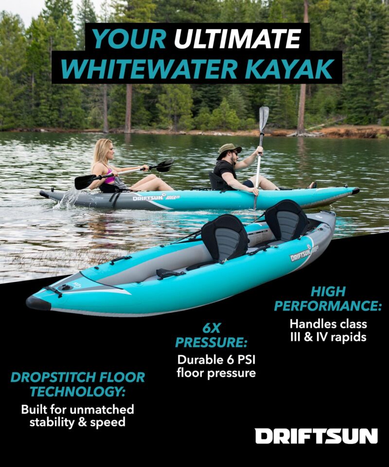 Driftsun Rover Inflatable White Water Kayak – 1 & 2 Person, High-Pressure Floor, EVA Padded Seats, Action Cam Mount, Aluminum Paddles & Pump - Image 2